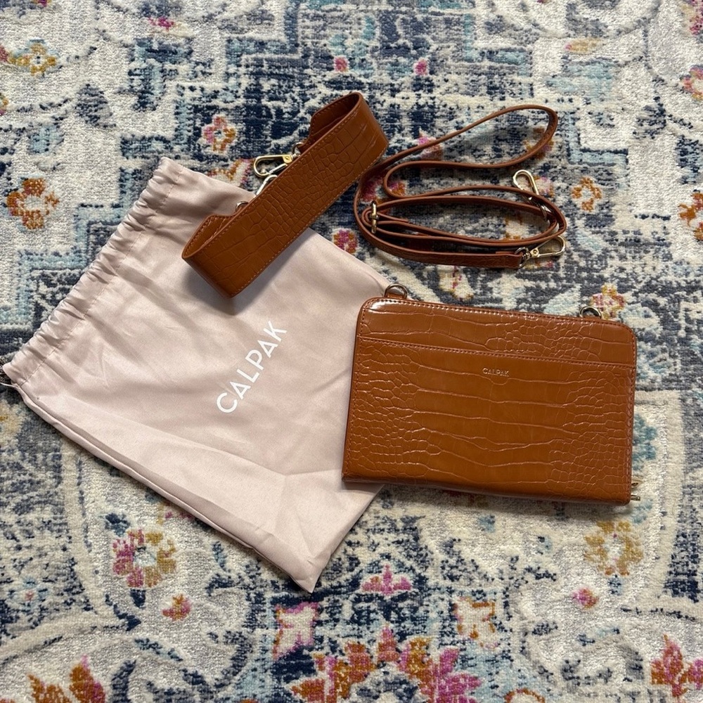 CALPAK Brown Faux Croc Travel Wallet